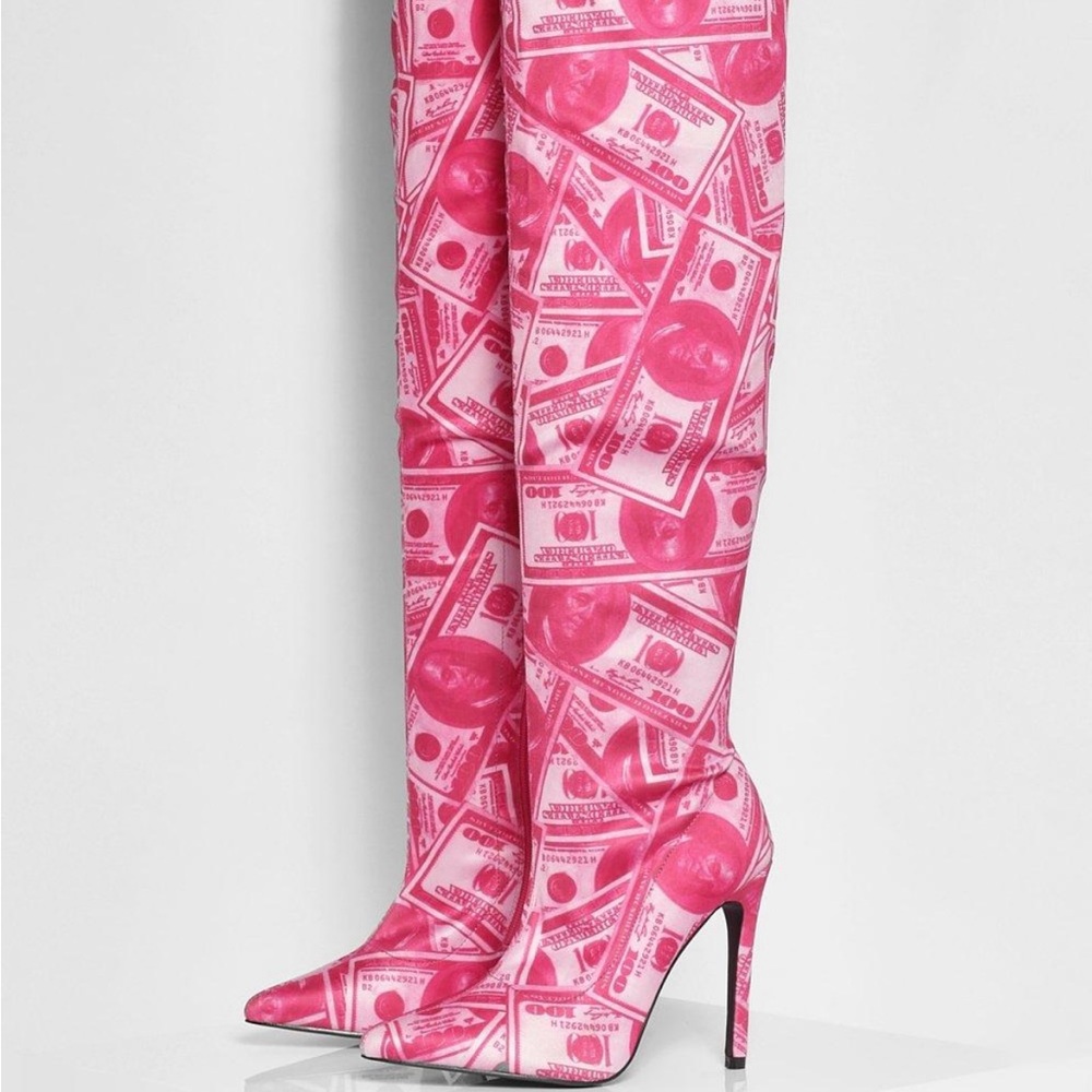 Pointed Toe Over the Knee Pink Money Boots